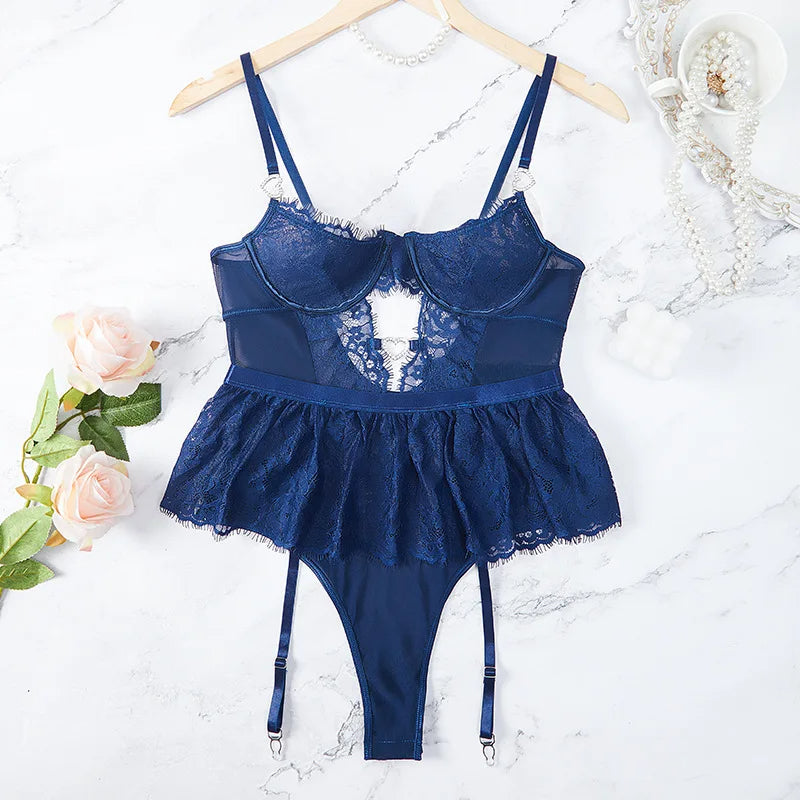 Sensual tulle bodysuit with lace trim and adjustable straps