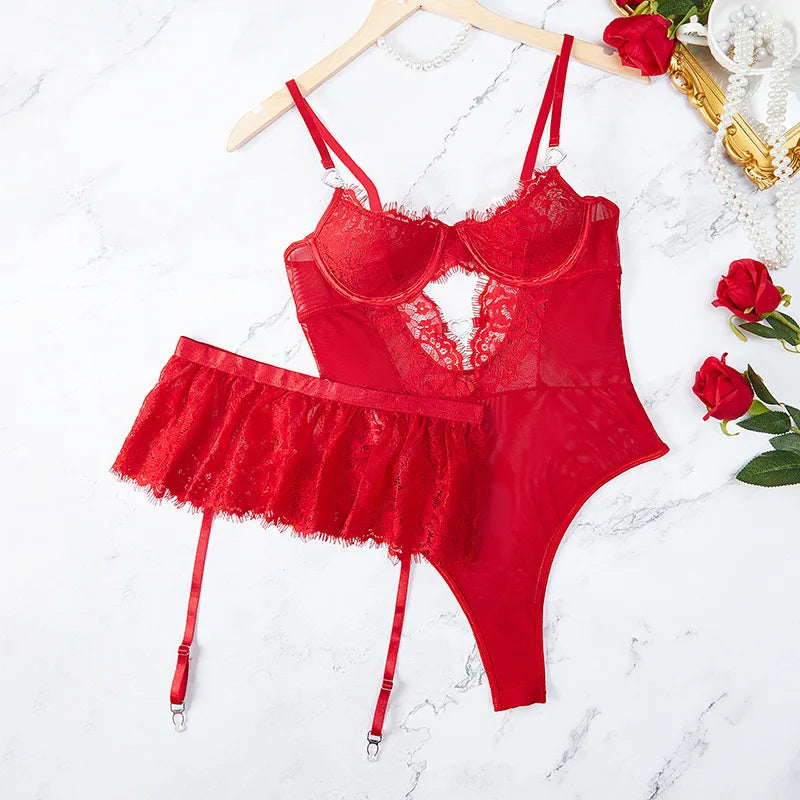 Sensual tulle bodysuit with lace trim and adjustable straps