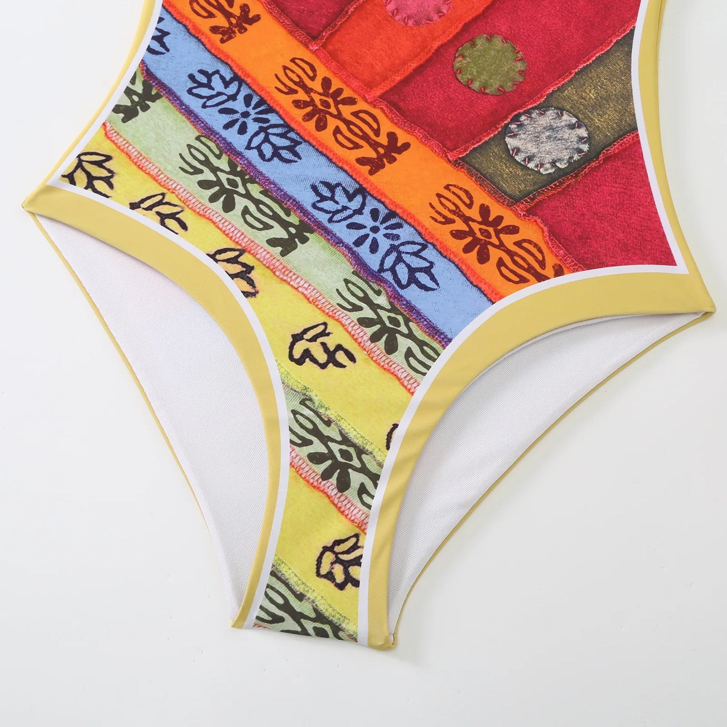 Colorful Patchwork Swimsuit Set with Bow-Tie Straps & Matching Sarong