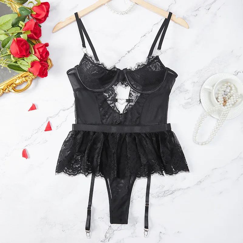 Sensual tulle bodysuit with lace trim and adjustable straps