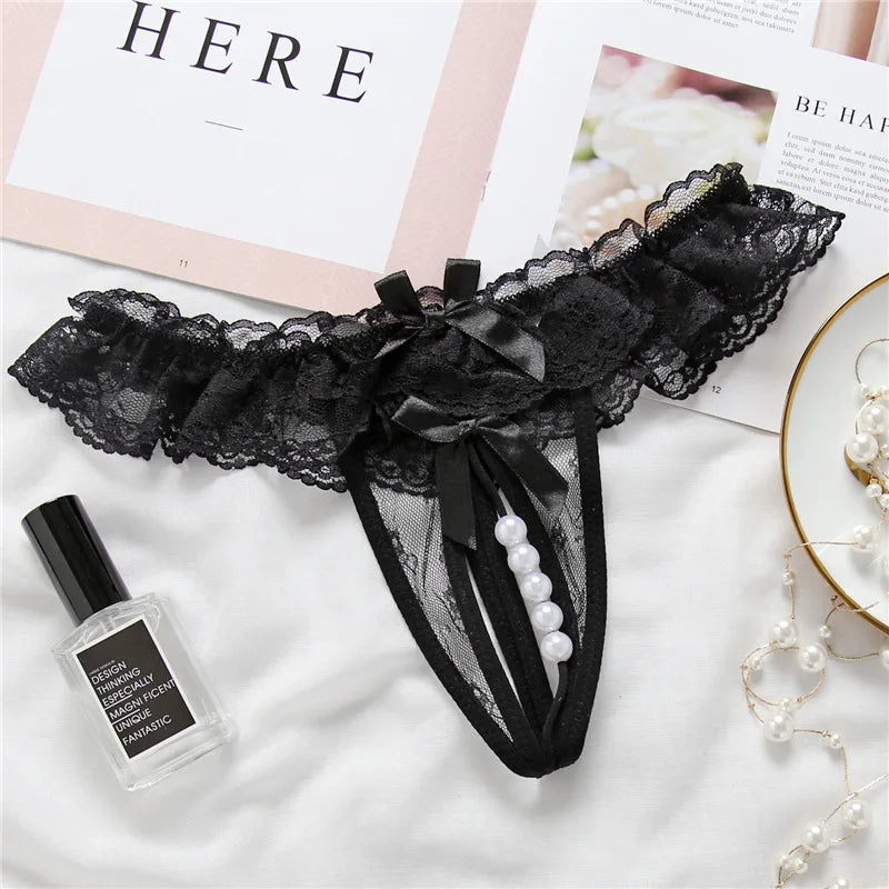 Elegant Lace Thong with Bows & Pearl Detailing