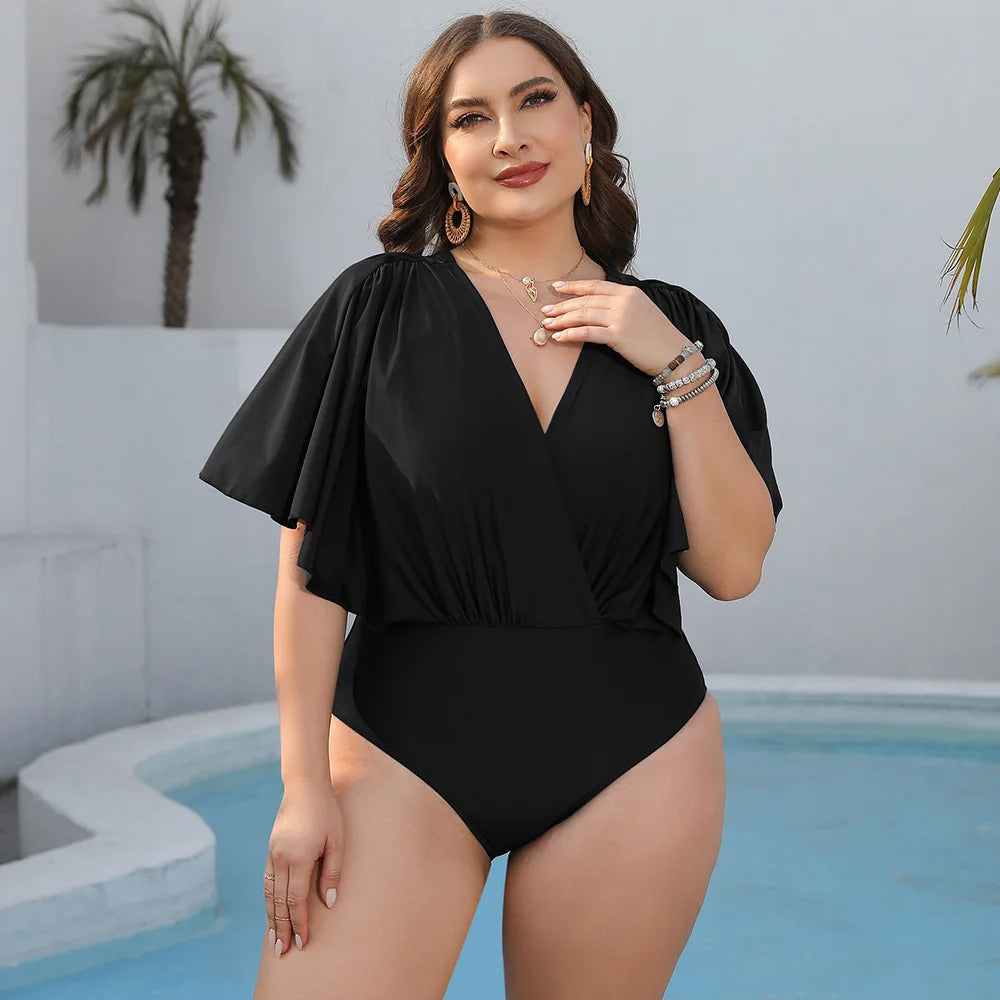 Black One-Piece Swimsuit with V-Neckline and Ruffle Sleeves