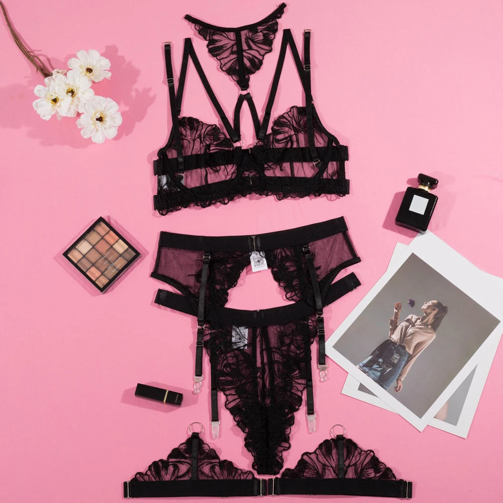 Black Lingerie Set with Floral Embroidery and Adjustable Straps