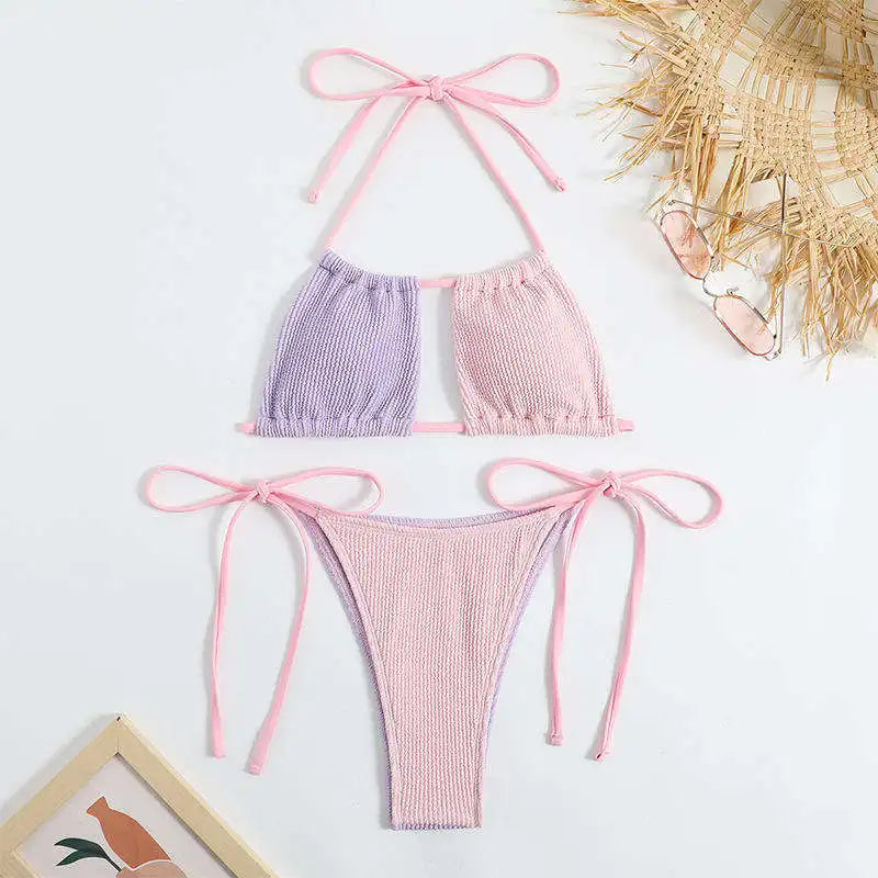 Two Tone Pastel Bikini with Adjustable Ties and Textured Fabric