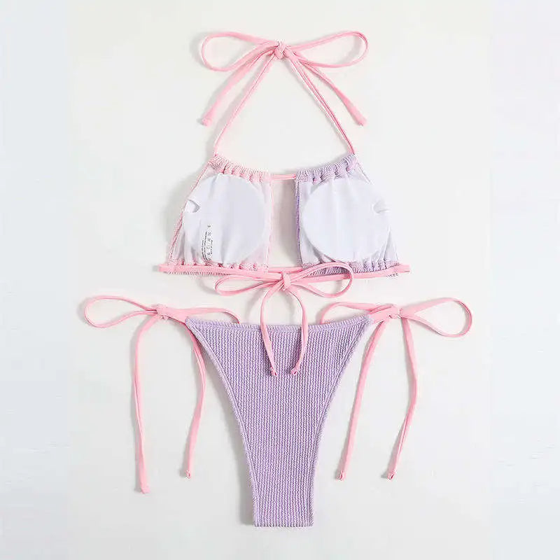 Two Tone Pastel Bikini with Adjustable Ties and Textured Fabric
