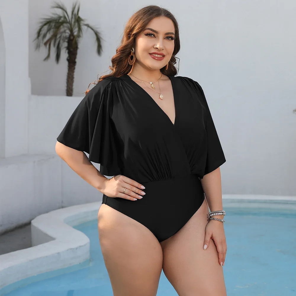 Black One-Piece Swimsuit with V-Neckline and Ruffle Sleeves