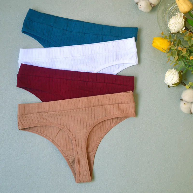 Ribbed Cotton Thong Panties