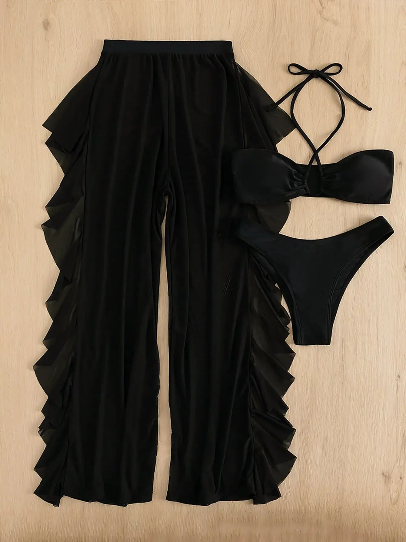 3 - Piece Halter Neck Bikini Set with Mesh Pants - Lauraxelle - 3 - Piece Halter Neck Bikini Set with Mesh Pants - My Store - IRIDESCENT GARDEN