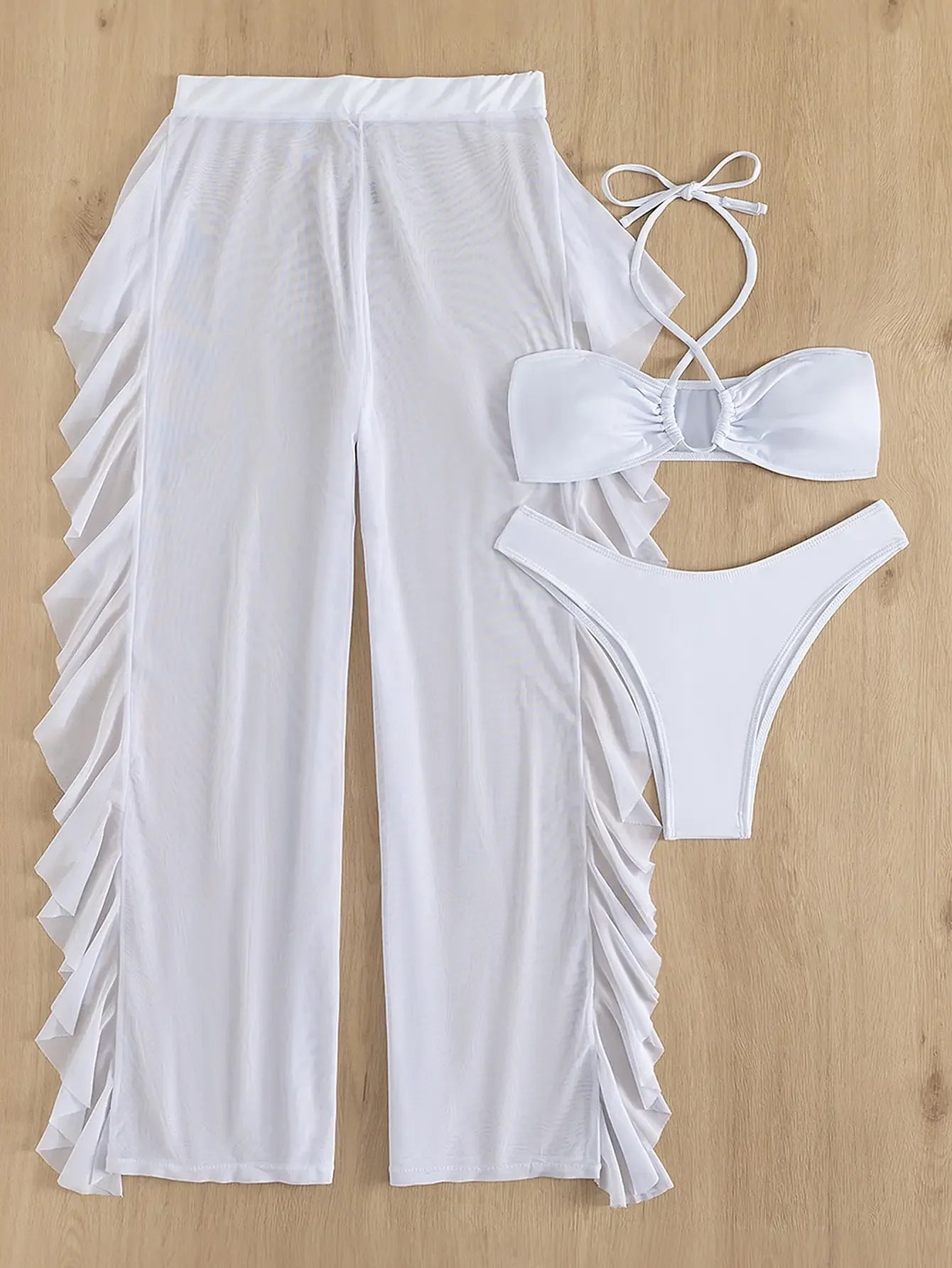3 - Piece Halter Neck Bikini Set with Mesh Pants - My Store
