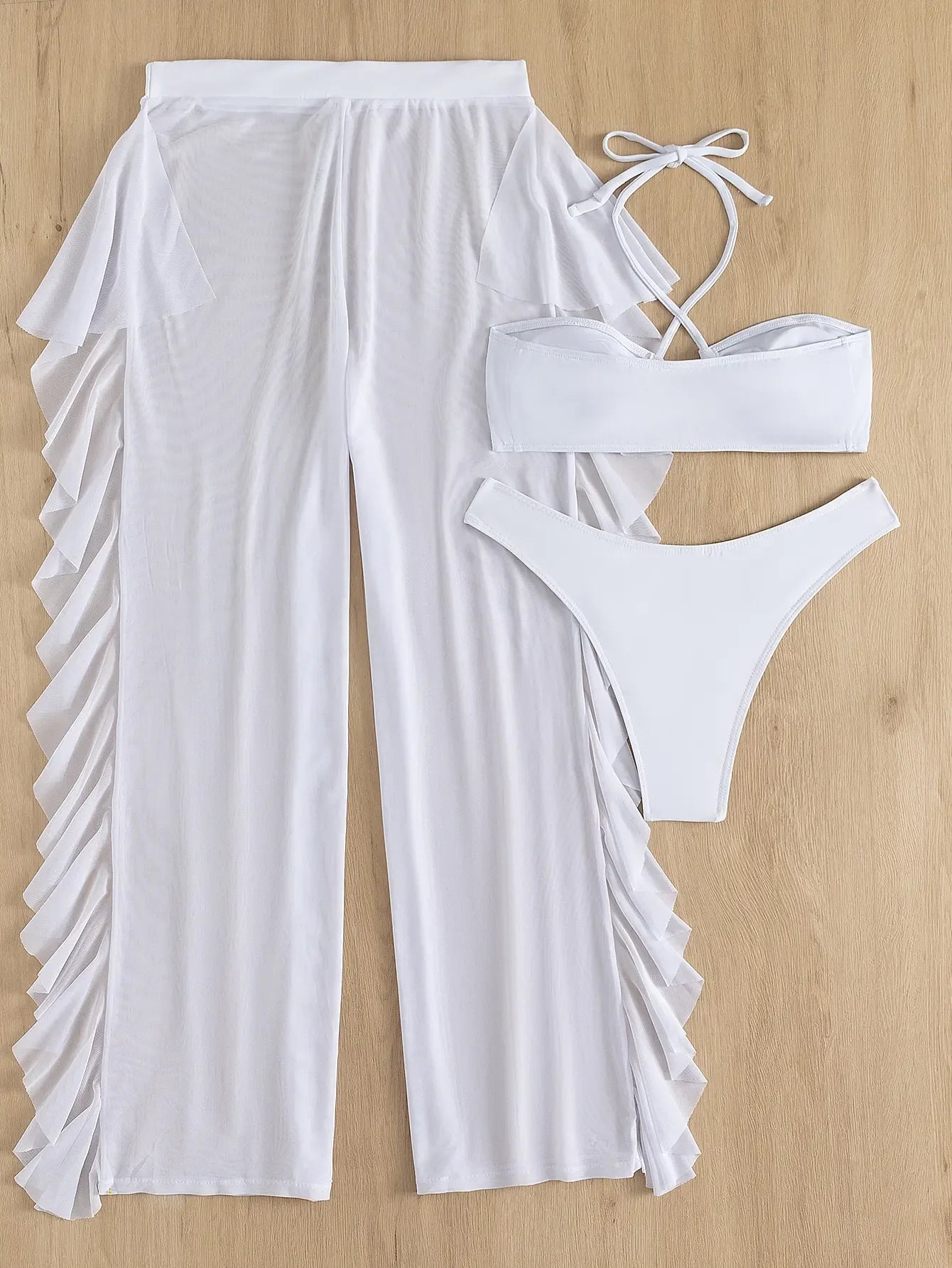 3 - Piece Halter Neck Bikini Set with Mesh Pants - My Store