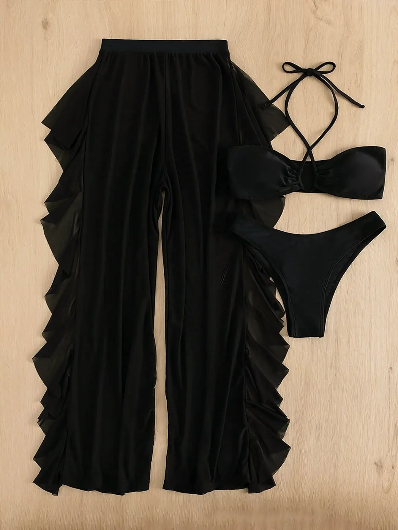 3 - Piece Halter Neck Bikini Set with Mesh Pants - My Store