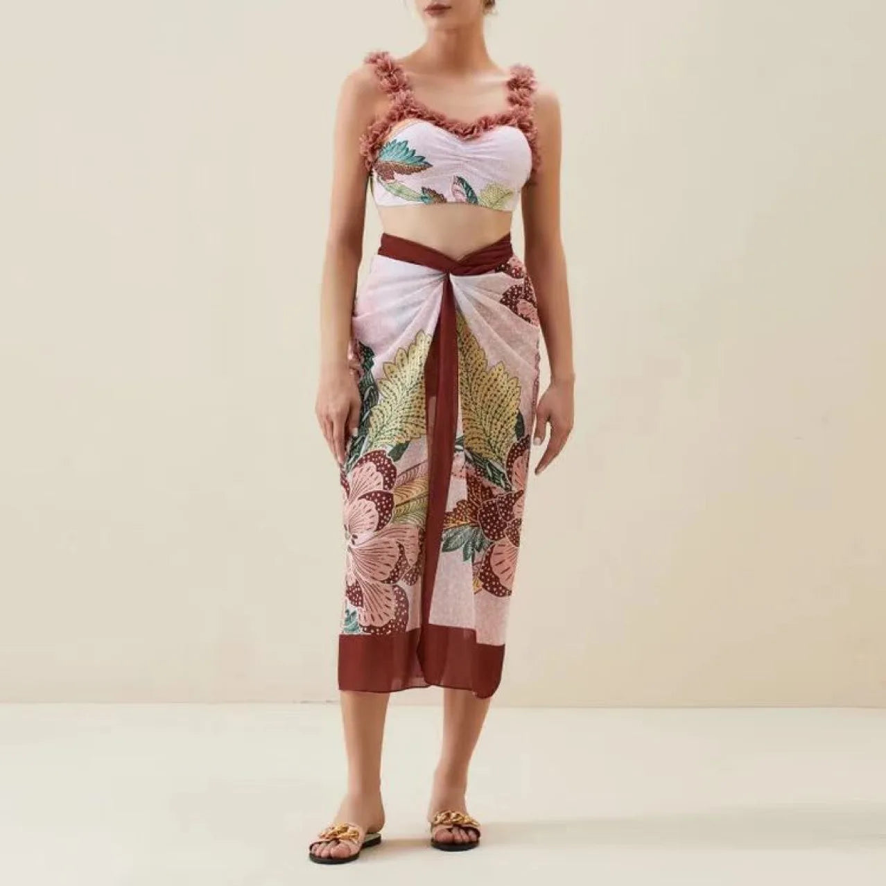 Floral Ruffled Bikini Set with Matching Sarong