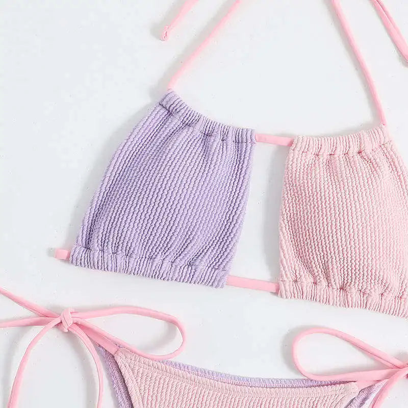 Two Tone Pastel Bikini with Adjustable Ties and Textured Fabric