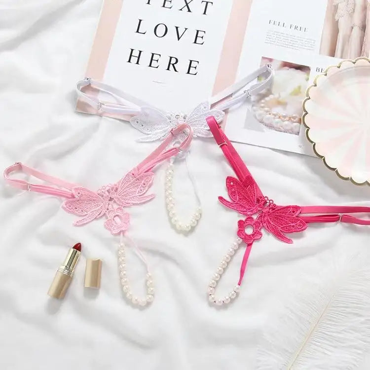 Butterfly lace thong with pearl details