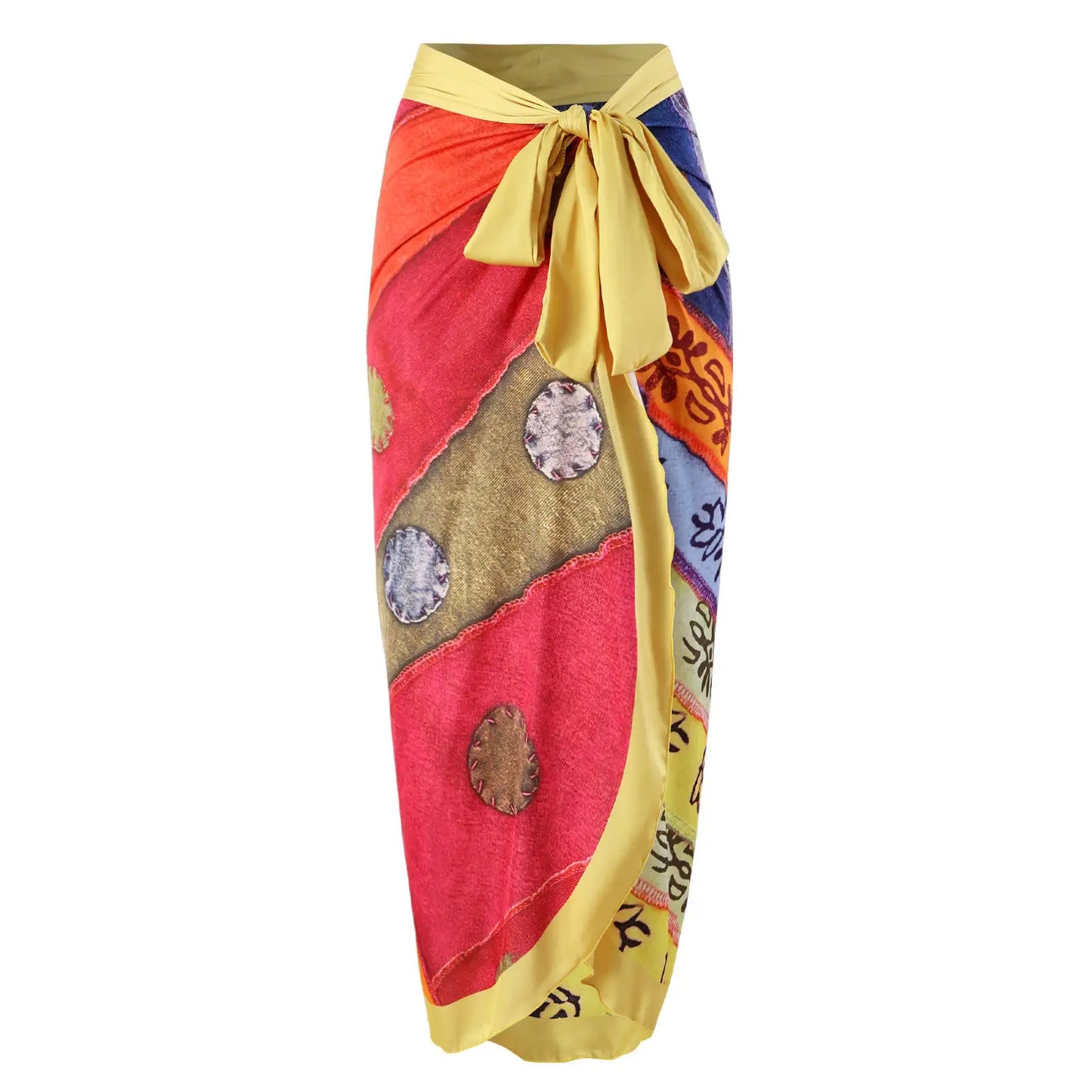 Colorful Patchwork Swimsuit Set with Bow-Tie Straps & Matching Sarong
