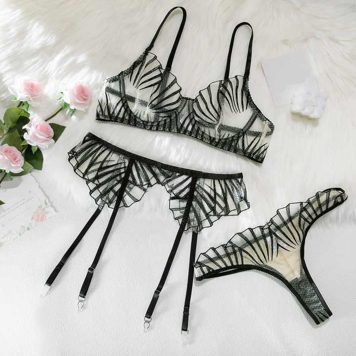 Black Lace Lingerie Set with Nude Base, Garter Belt and Thong