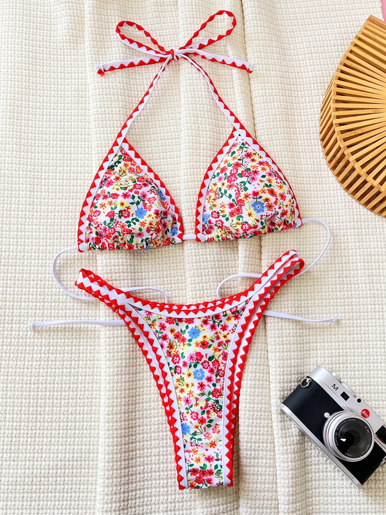 Floral Bikini Set with Red Accents