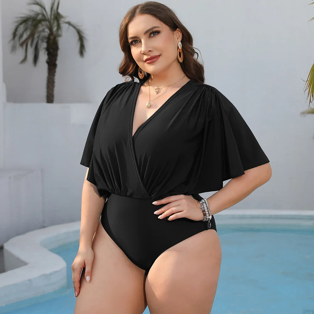 Black One-Piece Swimsuit with V-Neckline and Ruffle Sleeves