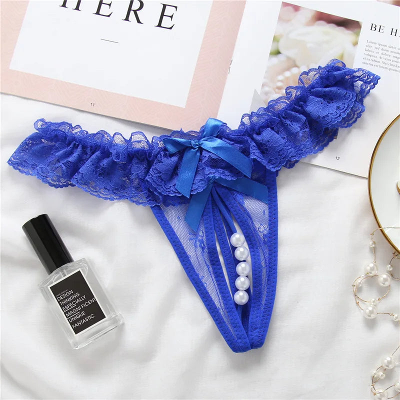 Elegant Lace Thong with Bows & Pearl Detailing