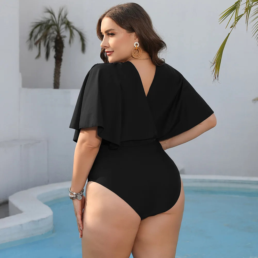 Black One-Piece Swimsuit with V-Neckline and Ruffle Sleeves