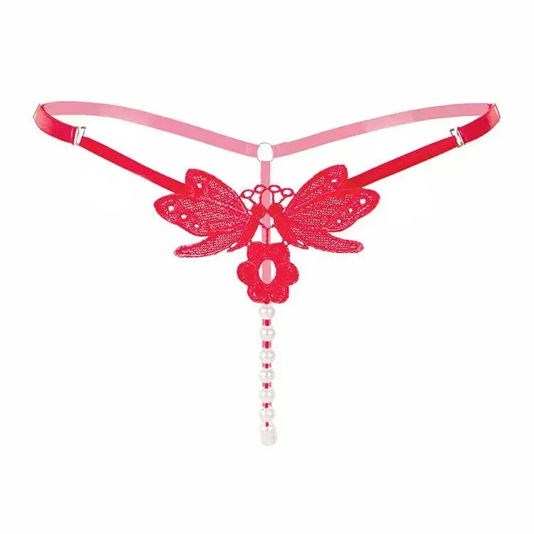 Butterfly lace thong with pearl details