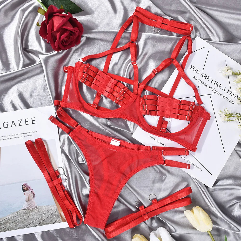 Sensual Sheer Mesh Strappy Lingerie Set with Matching Choker and Thigh Straps