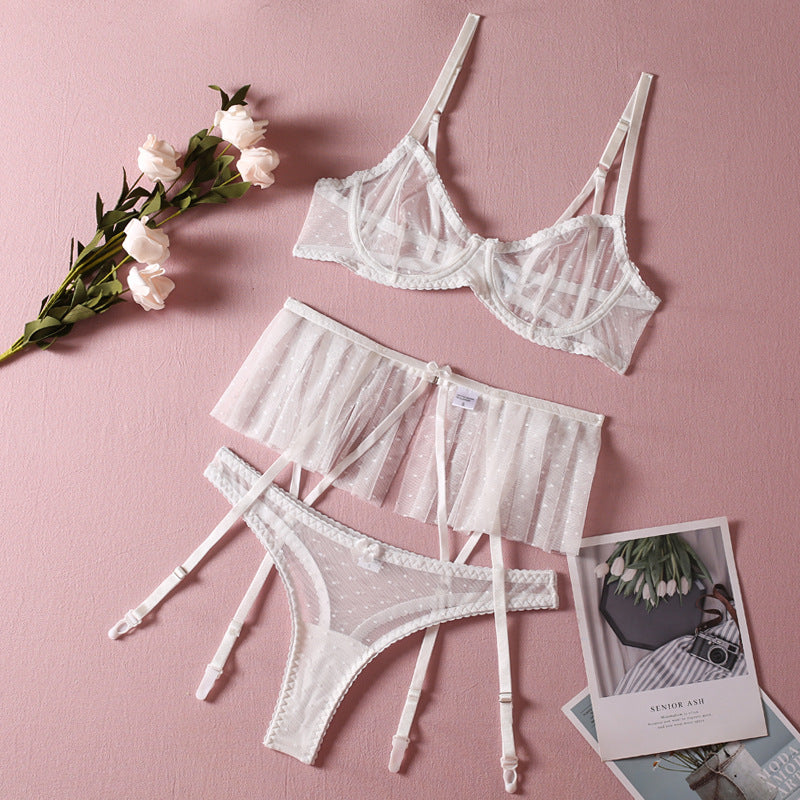 Exquisite White Sheer Lingerie Set with Garter Belt