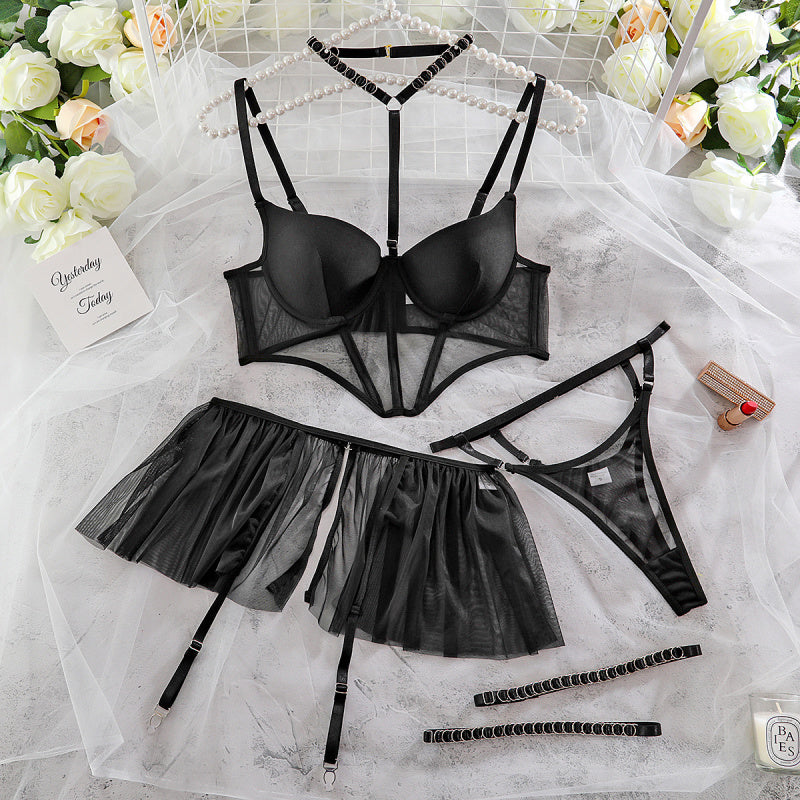 Stunning Black Sheer Mesh Lingerie Set with Garter Belt