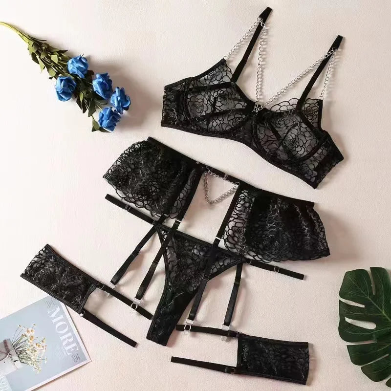 Black lace lingerie set, exquisite floral lace, chain details