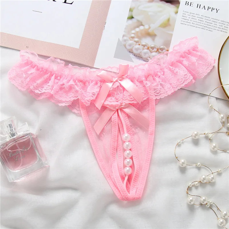Elegant Lace Thong with Bows & Pearl Detailing