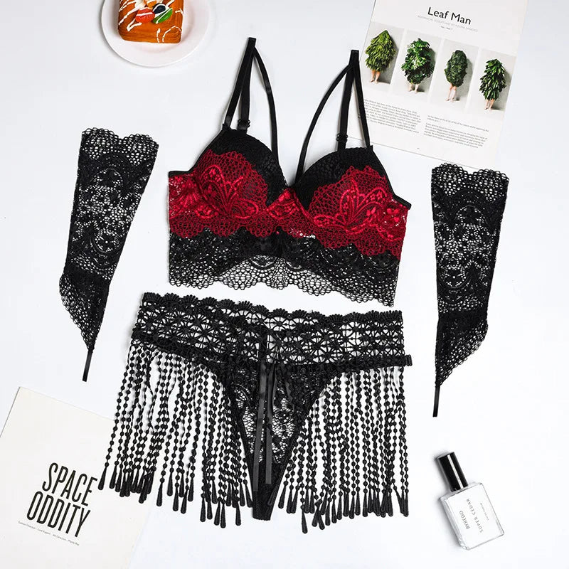 Red and black lace lingerie set