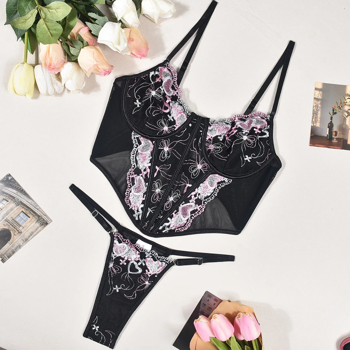 Black Floral Embroidered Lingerie