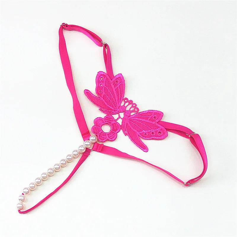 Butterfly lace thong with pearl details