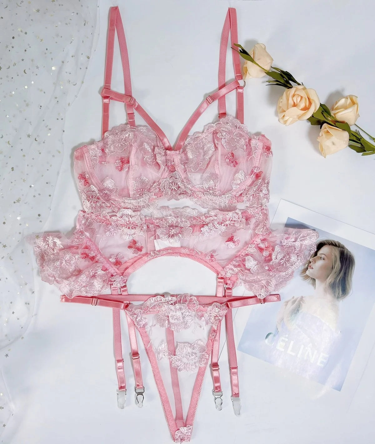 Romantic Pink Floral Lace Lingerie Set