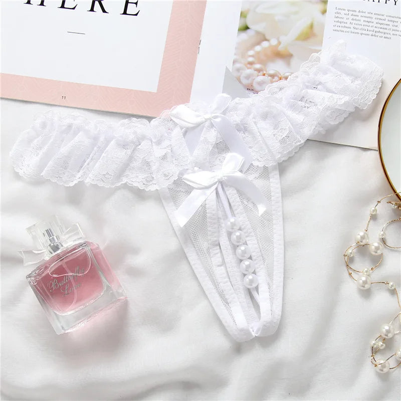 Elegant Lace Thong with Bows & Pearl Detailing