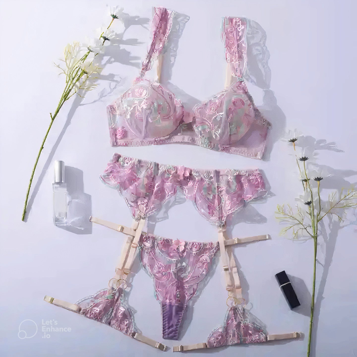 Exquisite floral lace and floral embroidery lingerie set