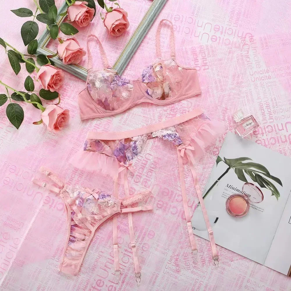 Exquisite pink lace lingerie set with floral embroidery