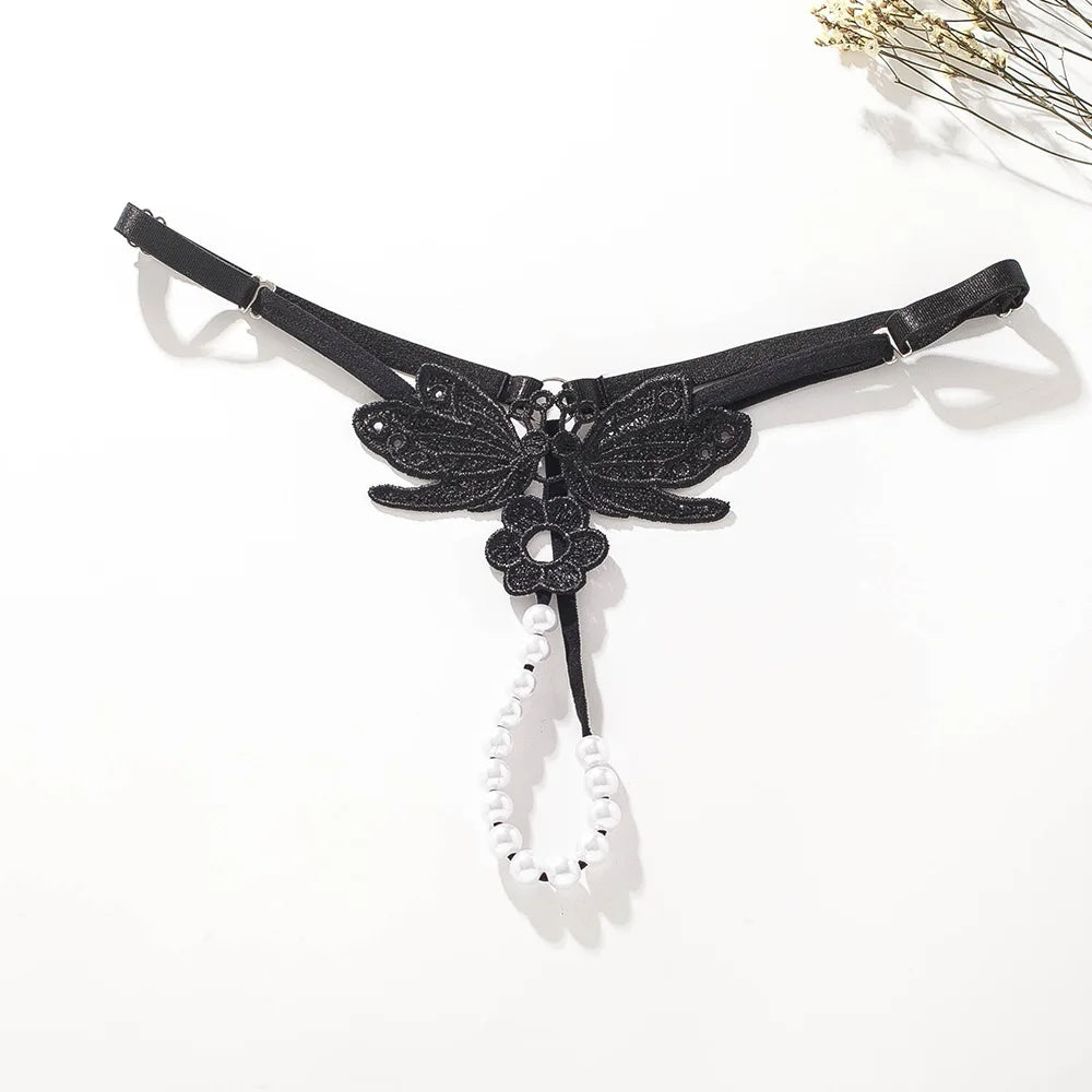Butterfly lace thong with pearl details