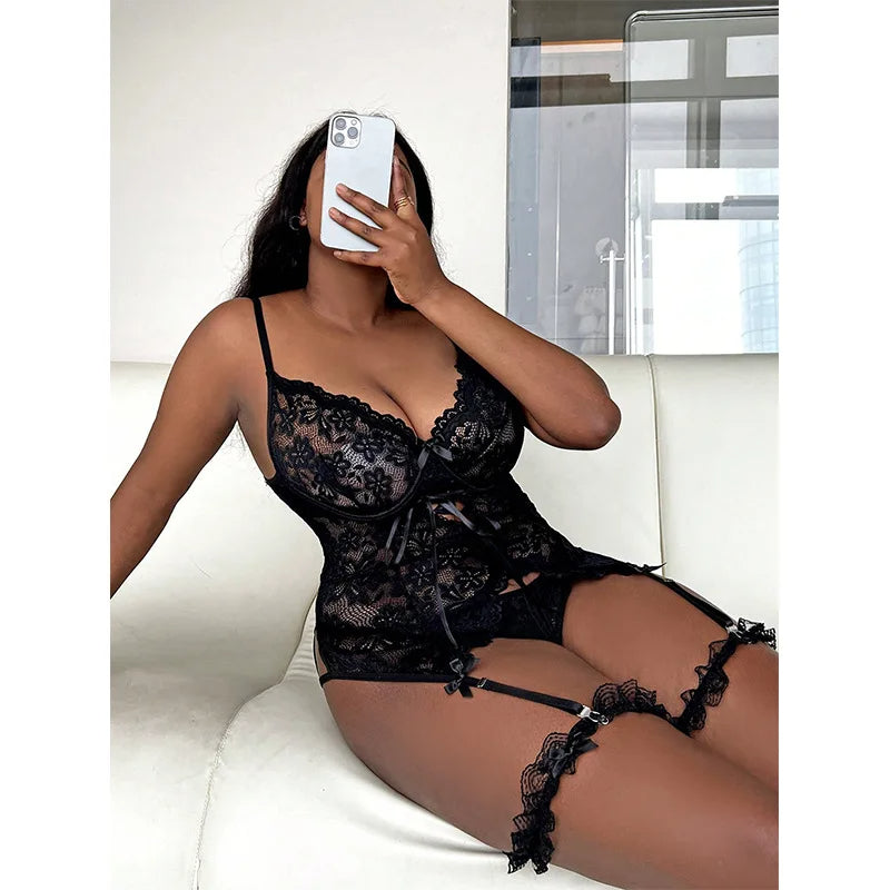 Alluring lingerie set in floral lace corset with adjustable straps and garter belts