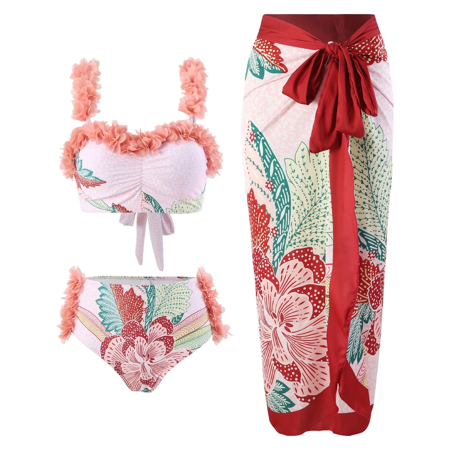 Floral Ruffled Bikini Set with Matching Sarong