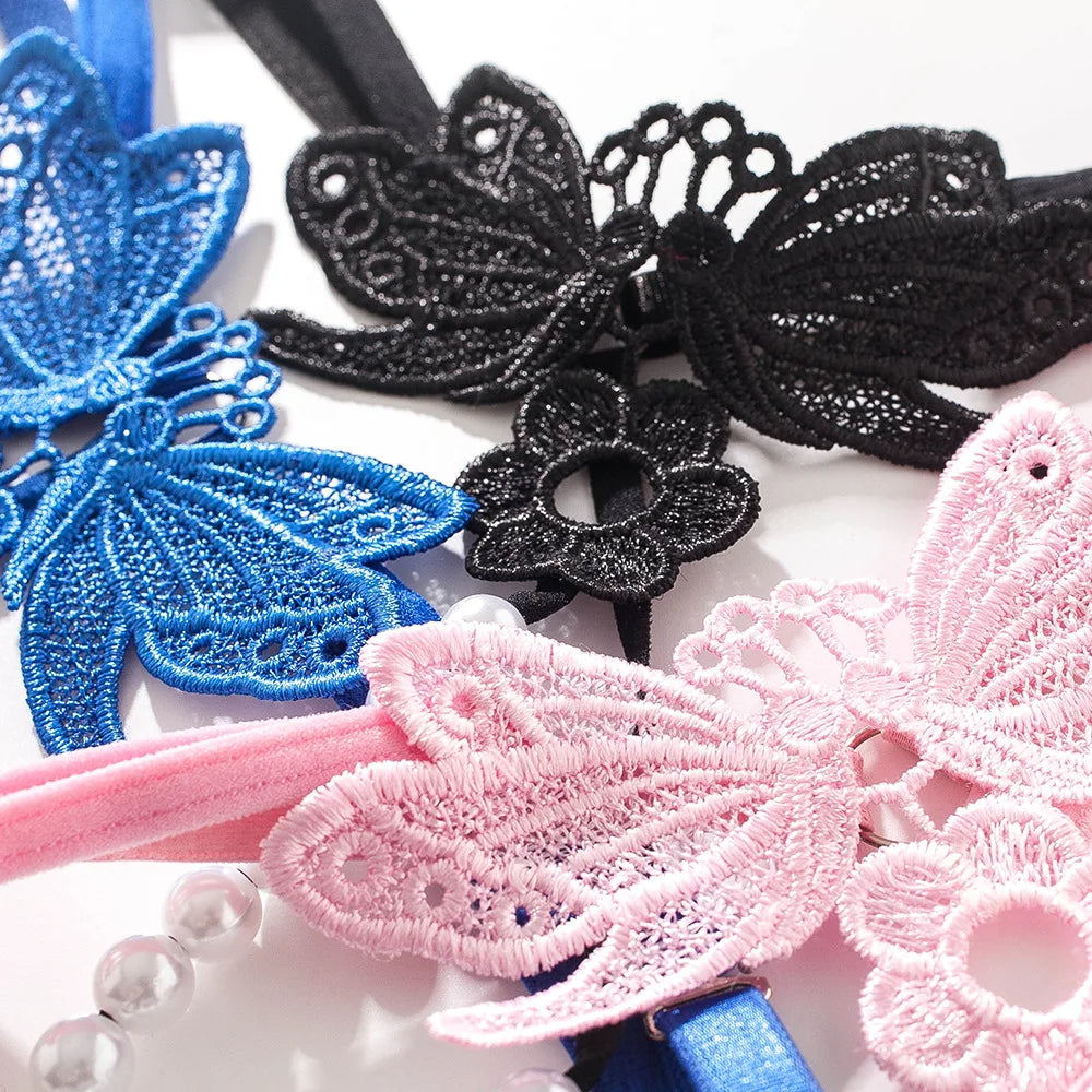 Butterfly lace thong with pearl details