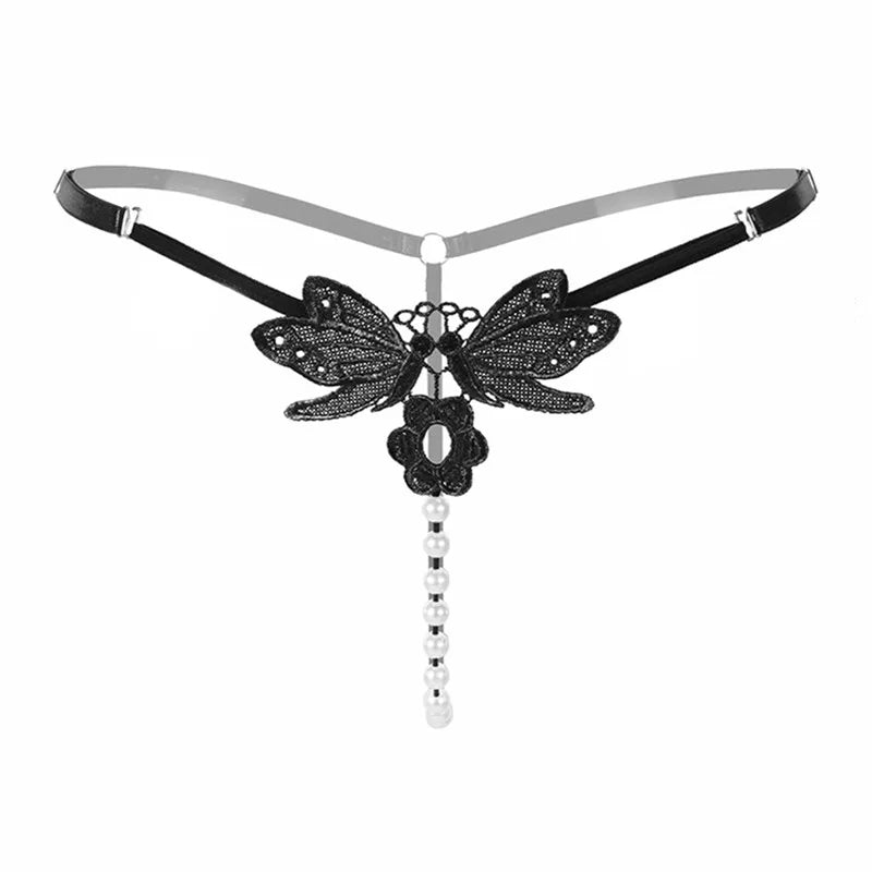 Butterfly lace thong with pearl details