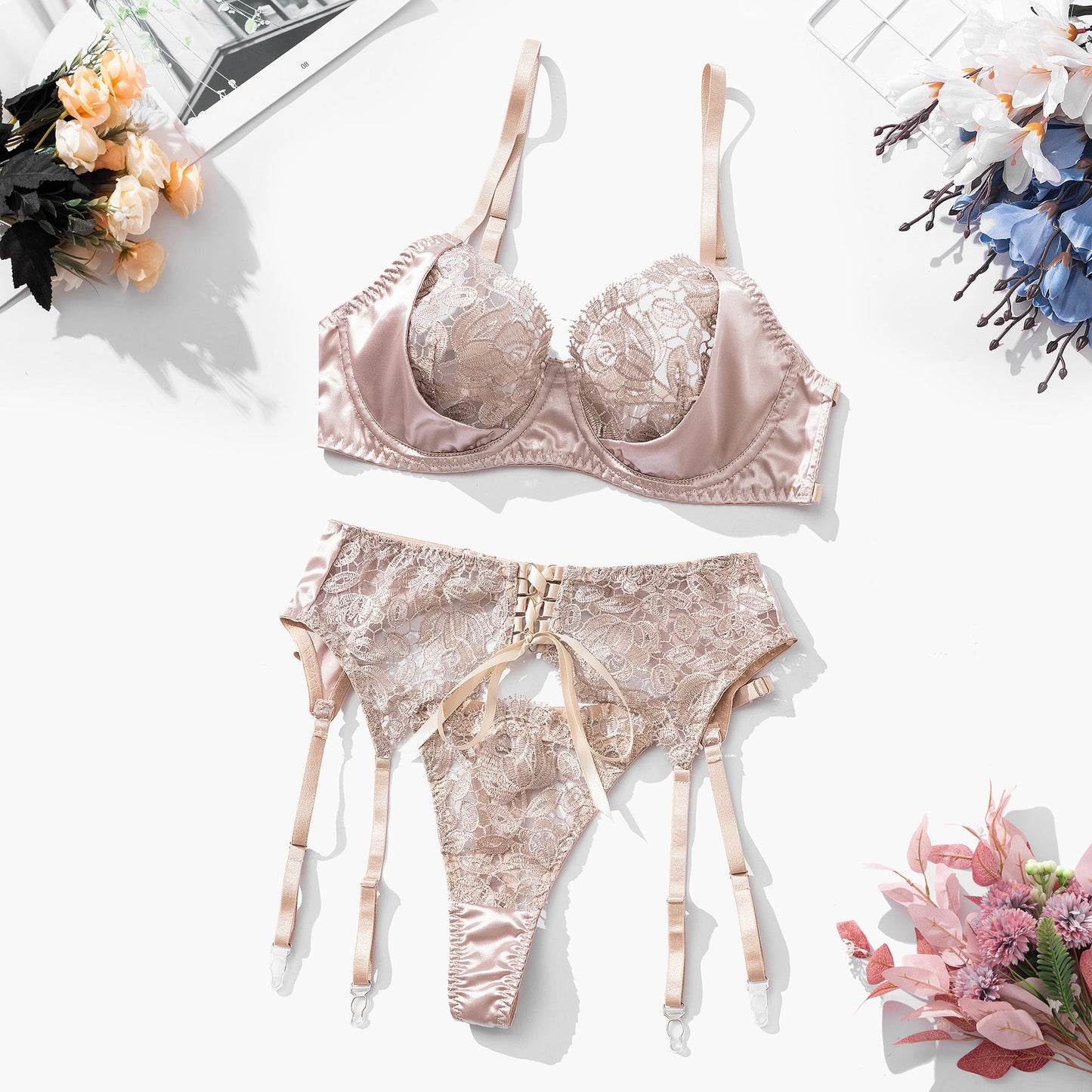 Blush Satin & Lace Lingerie Set – Luxurious Elegance - Lauraxelle - Blush Satin & Lace Lingerie Set – Luxurious Elegance - DELICATE MACRAME