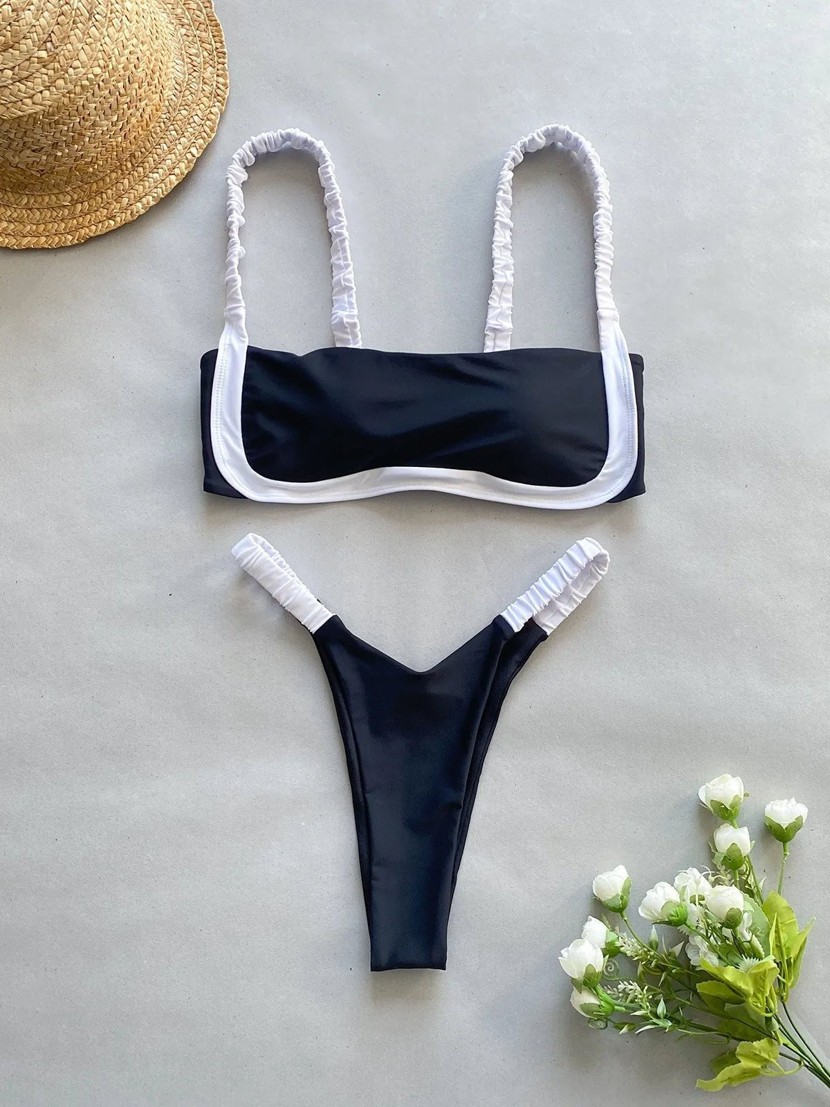 Chic Black and White Bikini Set with Square - Neck Top - My Store