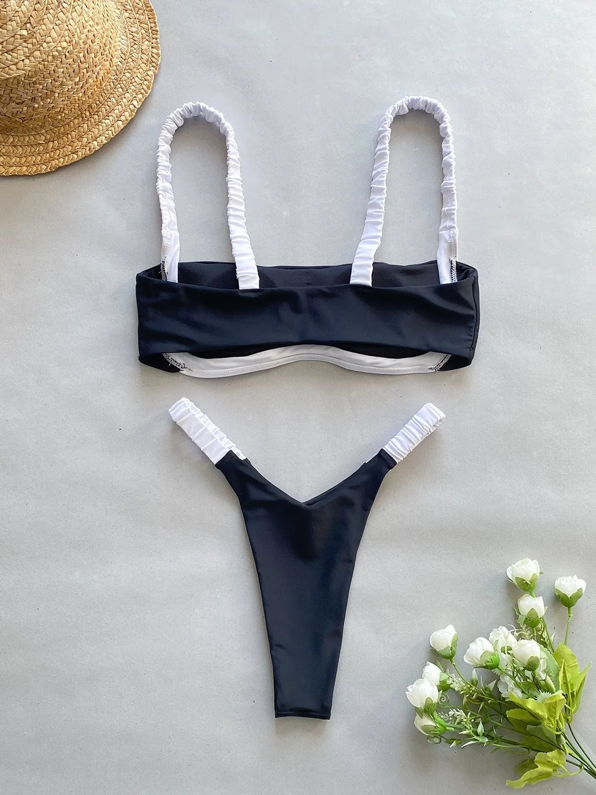 Chic Black and White Bikini Set with Square - Neck Top - My Store