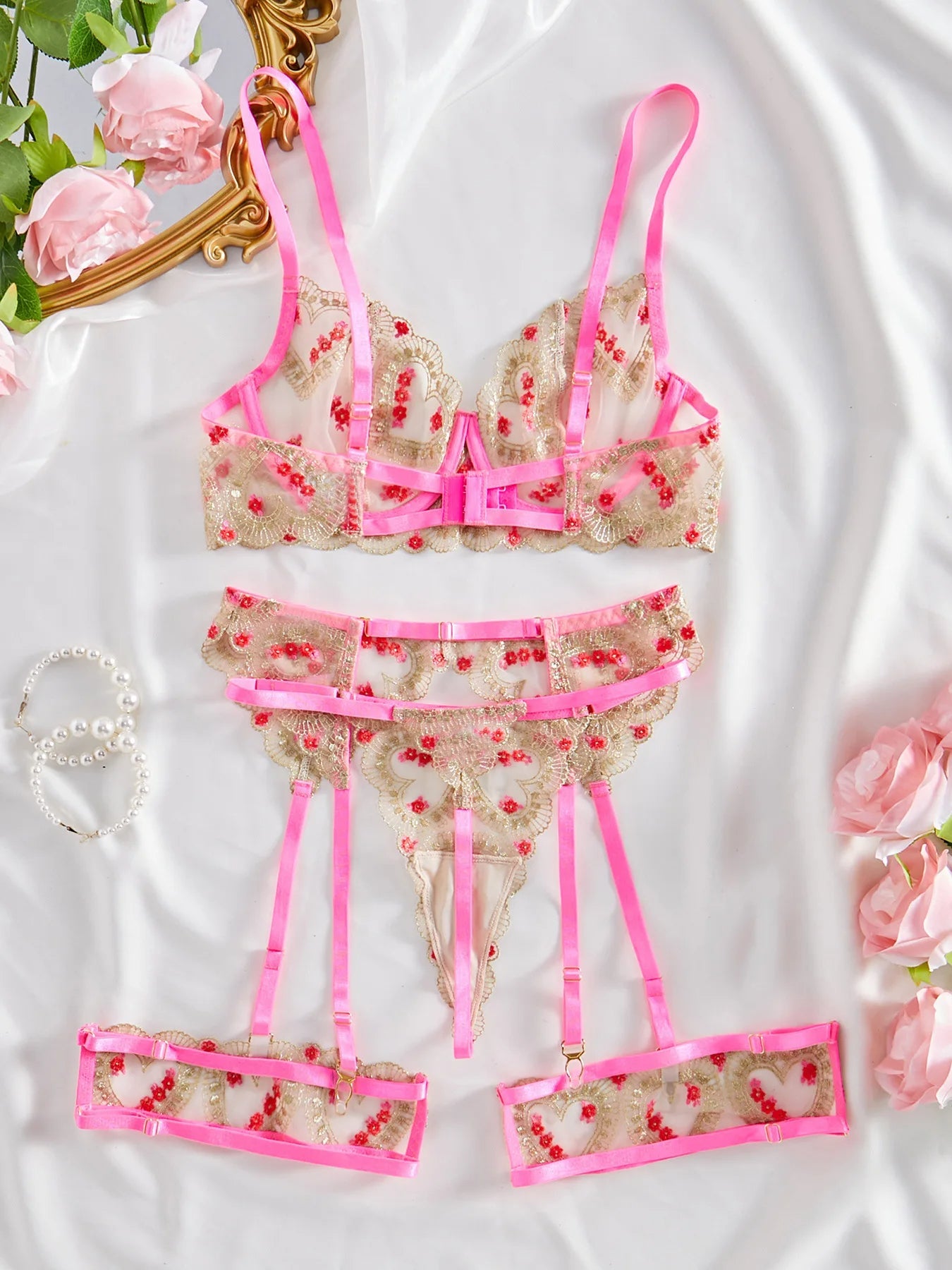 Elegant lace lingerie set with pink accents - My Store