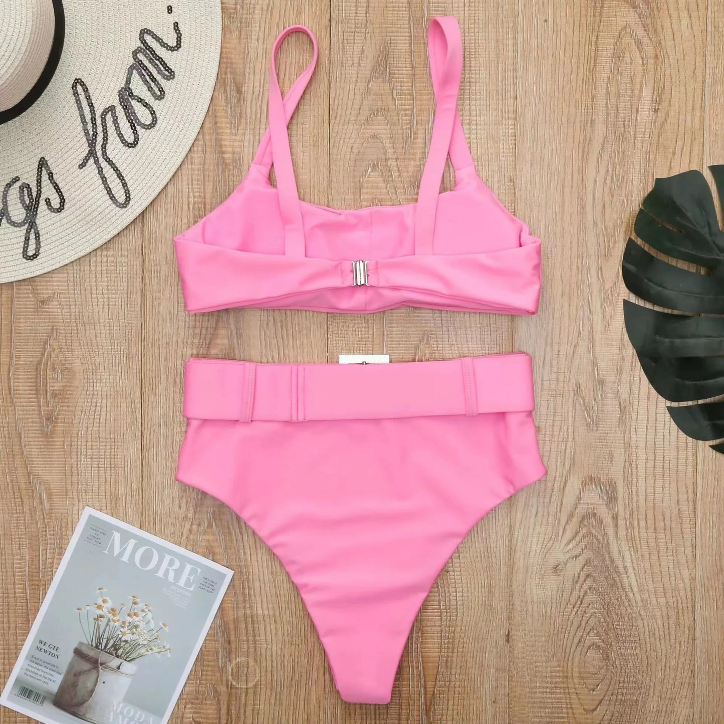 High - Waisted Bikini Set with Rhinestone Buckle - Lauraxelle - High - Waisted Bikini Set with Rhinestone Buckle - SUMMER CHIC