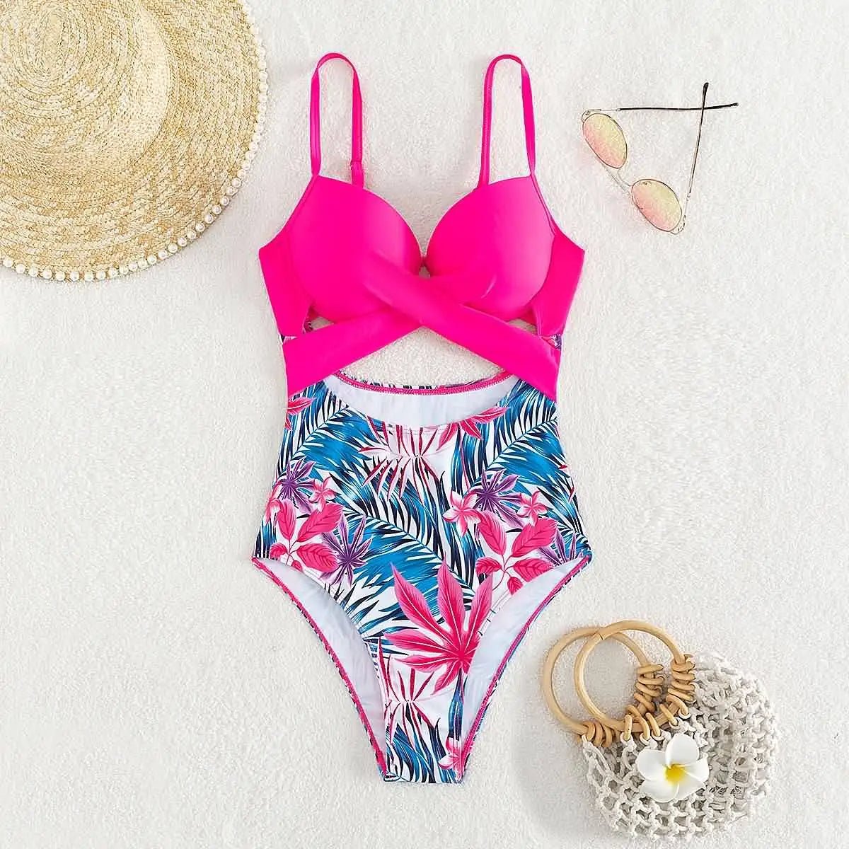 Hot Pink One - Piece Swimsuit with Tropical Floral Print - Lauraxelle - Hot Pink One - Piece Swimsuit with Tropical Floral Print - Tropical Vibes