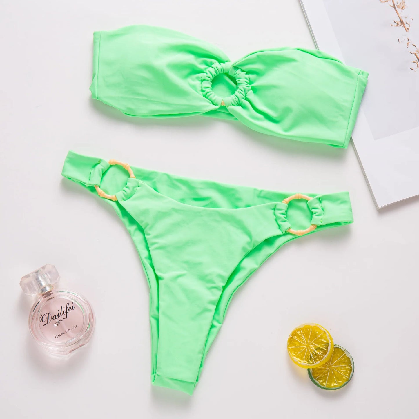 Neon Green Bandeau Bikini with Ring Detail - My Store