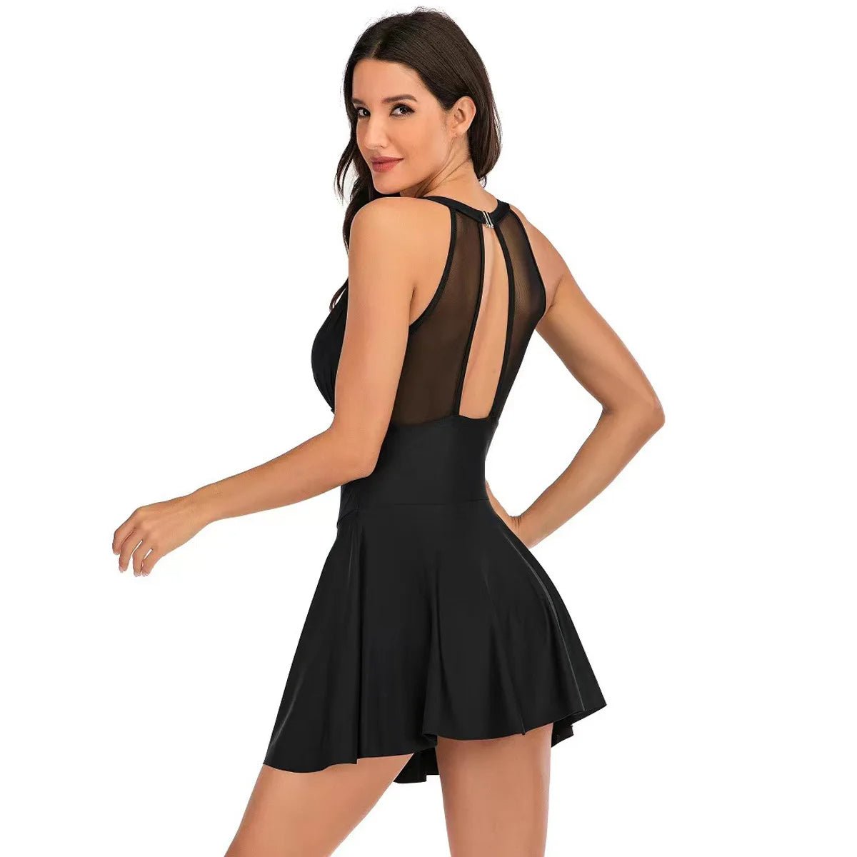 One - Piece Swimsuit with A - Line Skirt and Mesh Details - My Store
